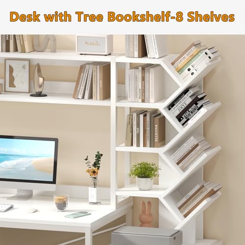YOMILUVE 52" Computer Desk with Bookshelf, 3 Drawers ＆ Hutch for Bedroom | White Office Desk with Printer Shelf, Study Writing Desk with Storage Shelves - color: White
