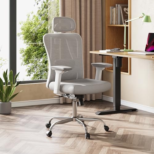 DEVAISE Ergonomic Mesh Office Chair with Adjustable 3D Headrest and Tilt Function, Big and Tall Reclining Comfy Home Computer Desk Chair with Lumbar Support and 3D Armrests, White