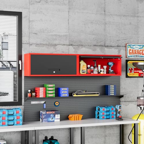 Fesbos Metal Storage Cabinet Black&Red Wall Cabinets with Locking Door - Wall Mounted Storage Cabinet for Garage Warehouse Home Office - Assembly Required - color: Black&red, size: 13"D x 31.5"W x 13.7"H