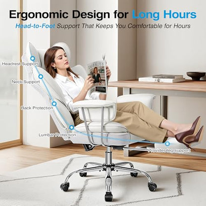 ALLGOD Big and Tall Office Chair 400LBS, Executive Ergonomic Leather Chair with Footrest, Wide Seat Gaming Office Chair with Pocket Spring Cushion, Reclining High Back Computer Desk Chair, White - color: White, size: 1 Pack