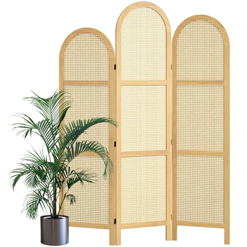 3-Panel Hand-Woven Rattan Room Divider, Tall Foldable Privacy Screen with Wooden Frame - Freestanding Portable Partition for Home Office, Bedroom, Bathroom(Natural-Wave) - color: Natural-wave, size: 3 Panels