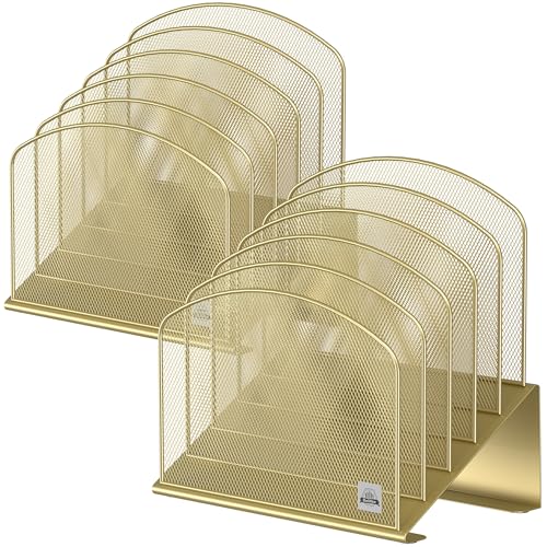 Delifox Inclined Desk File Organizer,Vertical File Folder Holder Stand Metal Rack File Sorter for Office Classroom Desktop Organization (2, Gold, 5) - color: Gold, size: 2Pack