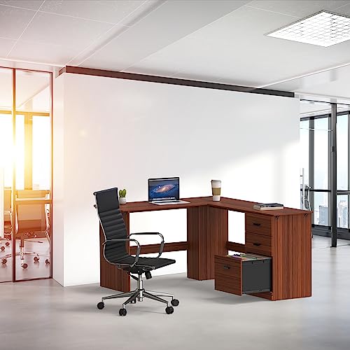SHW L-Shaped Home Office Wood Corner Desk w/Box Box File Drawers, Walnut | 51 x 59 Inches | 2 Pre-installed Grommets - color: Walnut