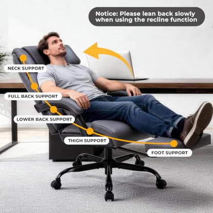 Massage Office Chair with Foot Rest & Heating, Ergonomic Reclining Leather Executive Desk Chair, Vibration Massager Big & Tall Gaming Computer Chair for Home Office, 6-Point Gray - color: Gray02