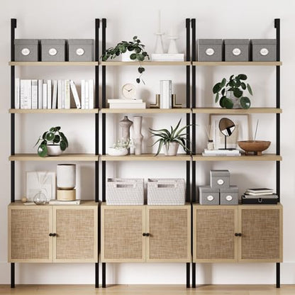 Nathan James Theo Industrial Open Shelf Bookcase with Accent Rattan Drawers Light Oak Wood, Matte Black Frame, Set of 3 - color: Theo Light Oak/Black, size: Set of 3