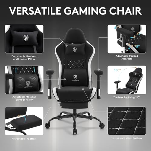 Gaming Chair,Office Chair with Footrest,Massage,Black Grey | Breathable Fabric,Gel Pad,Ergonomic,Spring Cushion,High Back,2D Adjustable Arms,Reclining,Lumbar Support,Headrest,Gamer Chair - color: Black Grey