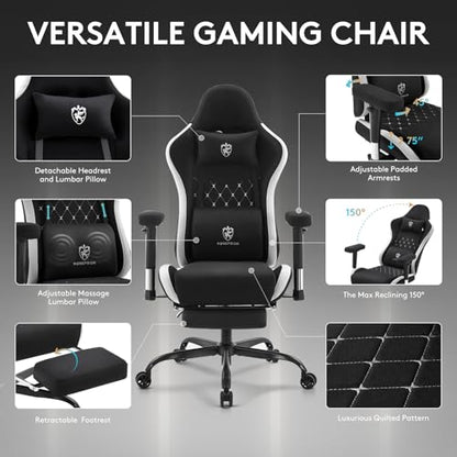 Gaming Chair,Office Chair with Footrest,Massage,Black Grey | Breathable Fabric,Gel Pad,Ergonomic,Spring Cushion,High Back,2D Adjustable Arms,Reclining,Lumbar Support,Headrest,Gamer Chair - color: Black Grey