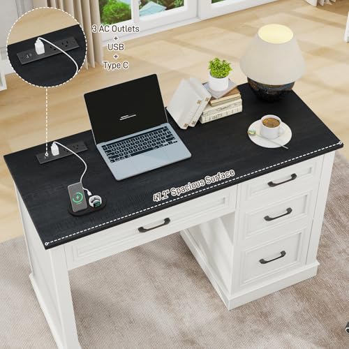 Vabches Farmhouse 47" Executive Desk with Charging Station, Black. | Computer Desk with Drawers, Workstation Computer Desk with File Drawer for Home Office,Study. - color: Black