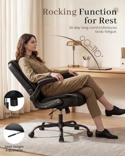 COMHOMA Mid-Back Office Chair, Ergonomic PU Desk Chair with Flip up Arms, Small Computer Gaming with Comfy Lumbar Support,Rocking Function,Sturdy Metal Base, Ink Black - color: Ink Black