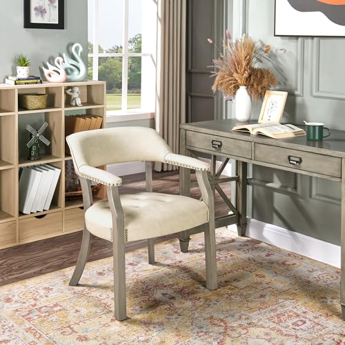 LEEMTORIG Faux Leather Dining Chair with Arms, Solid Wood Dining Chair with Supportive Back, Game Poker Table Chairs, Boss Caption's Chairs Office Desk Chairs, Soft Grey Legs & Beige PU CY-NX173-WT - color: Soft Grey Legs & Beige Pu, size: Set of 1