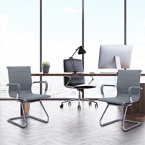BESTANO Office Guest Chairs Reception Chairs Waiting Room Chairs Set of 2 Conference Room Chair with Mid Back, Modern PU Leather Desk Chair, Grey - color: Grey