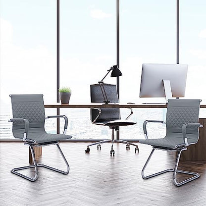 BESTANO Office Guest Chairs Reception Chairs Waiting Room Chairs Set of 2 Conference Room Chair with Mid Back, Modern PU Leather Desk Chair, Grey - color: Grey