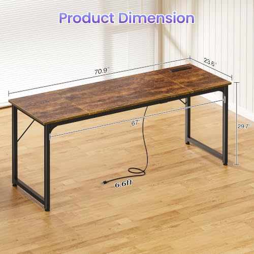 PRAISUN 70 X 24 Inch Computer Desk, Power Outlets, USB-C, Rustic Brown - color: Rustic Brown, size: 70inch