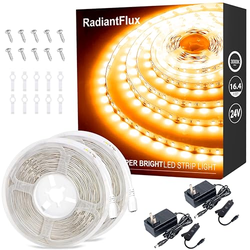 RadiantFlux Warm White Strip Lights,2 Sets of 16.4ft. LED Strip Lights,Strip Light for Cabinet,1200 LEDs Flexible LED Strip Lights for Shelves, Living Room, Study, Wardrobe - color: Dimmable Warm White, size: 16.4FT-2sets
