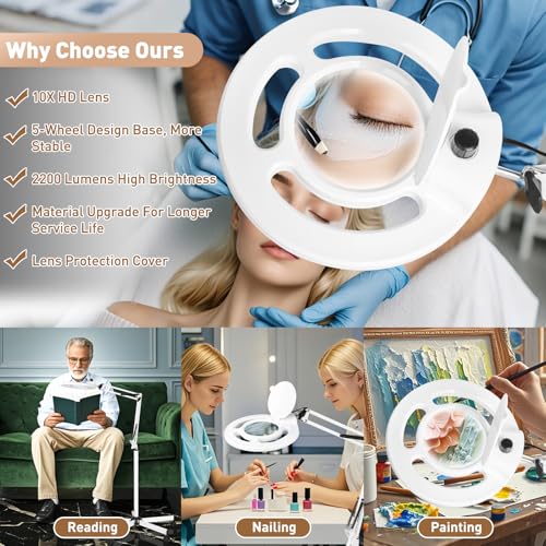 HITTI 2200 Lumens 12X Magnifier Esthetician Light, 5 Wheel Rolling Base - color: White