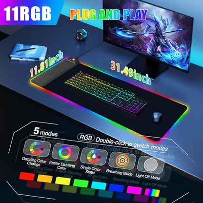 RGB Mouse Pad with Foldable Phone Stand Wireless Charger, 31.5"x11.8" XL Gaming Mousepad Large Desk Mat, Desk Pad with 11 Colors 5 Modes, Waterproof - color: Black Touch Control Stand XL with PD Charger