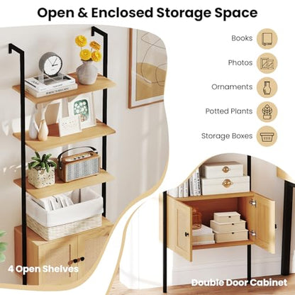 Giantex Ladder Bookshelf with Rattan Cabinet, 5-Tier Tall Wall-Mounted Bookcase with Metal Frame, 72.5" Boho Open Display Shelf Storage Organizer for Living Room, Study, Home Office, Natural