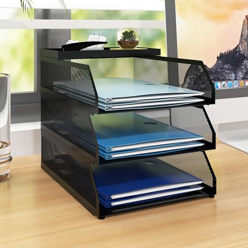Natwind 3-Tier Stackable Metal Mesh Desk Paper Tray Organizer,Black | Letter Tray For Paper Storage,Desktop Accessories for Office Supplies,File Document Holder For Home School Classroom - color: Black, size: 3 tier