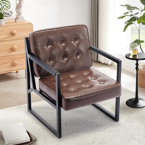 COLAMY Mid Century Modern Accent Chair Set of 2, Comfy Living Room Chair, Brown Leather Accent Chair, Faux Leather Reception Armchair with Metal Legs for Living Room Bedroom Reception Office, Brown - color: Brown, size: Set of 2