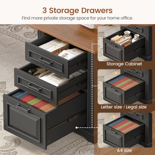 SEDETA Farmhouse 69" Executive L Shaped Desk, Home Office Desk with Drawers and Storage Cabinet & Power Outlet, Corner Computer Desk, Black - color: Black, size: L Shaped Desk