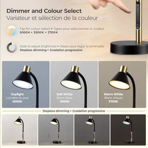 Globe Electric 62000034 15" LED Integrated Desk Lamp, Matte Black, Brass Accent, Adjustable Gooseneck, Dimmable, 3 Color Temperature, 7.5W, 90 CRI, 400 Lumens, Reading Light, Dorm Room Essentials - color: Matte Black, Albert