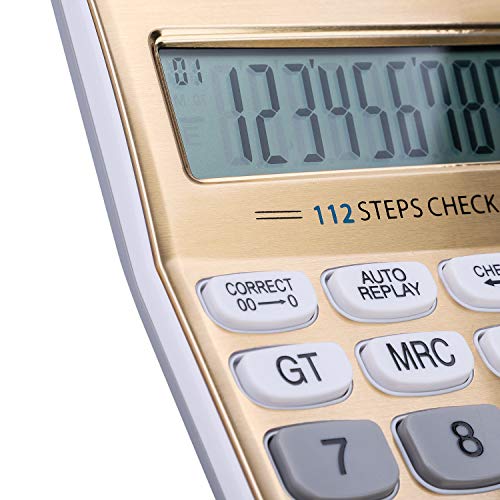Solar Powered 12 Digit Large LCD Display Standard Function Desktop Calculator, Gold