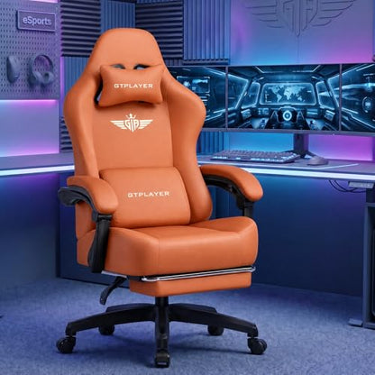 GTPLAYER Big and Tall Gaming Chair 400lbs Heavy Duty Office Chair with Footrest, High Back Pocket Spring Ergonomic Computer Chair for Adults, Wide Seated Cushion with Linkage Armrests,Leather Orange - color: Dark Orange