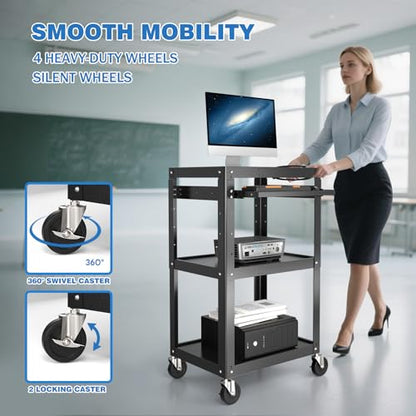 POCHAR Steel AV Cart on Wheels - Rolling Projector Cart with Height Adjustable Shelf, Pullout Keyboard Tray, Power Strip, Cord Management - Mobile Media Carts Computer Workstation for Office Classroom - style: 3 Shelf with Keyboard Tray (AV-J)
