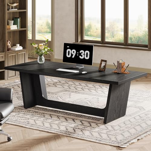 Tribesigns 70.87-Inch Executive Desk, Large Wood Desk for Home Office, Rustic Study Writing Table with Heavy-Duty Pedestal, Extra Long Business Workstation - color: Classic Black