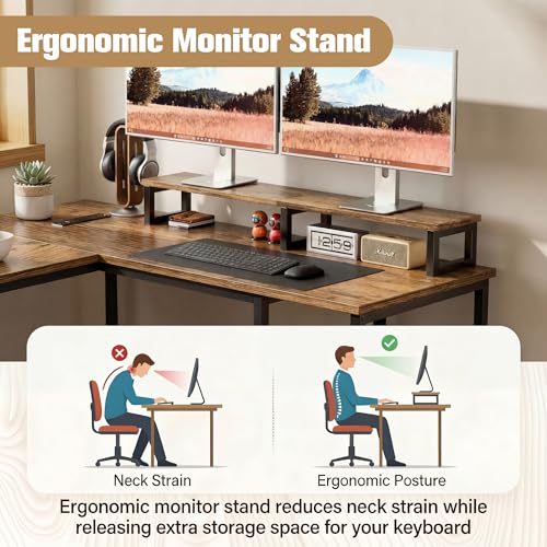 Shahoo 65.3" L Shaped Computer Desk, Corner Home Office Desk with Power Outlets, Ergonomic Monitor Stand, File Drawers & Storage Shelves, Rustic Gaming Desk for Working from Home