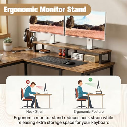 Shahoo 65.3" L Shaped Computer Desk, Corner Home Office Desk with Power Outlets, Ergonomic Monitor Stand, File Drawers & Storage Shelves, Rustic Gaming Desk for Working from Home