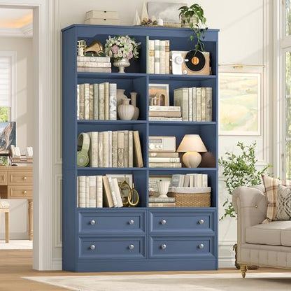 71" Tall Bookshelf with 4 Drawers Large Bookshelf Office Bookcase | 6-Tier Double Wide Bookshelves and Bookcases with Storage, Tall Bookshelf Standing Book Cabinet for Home Office, Blue - color: Blue