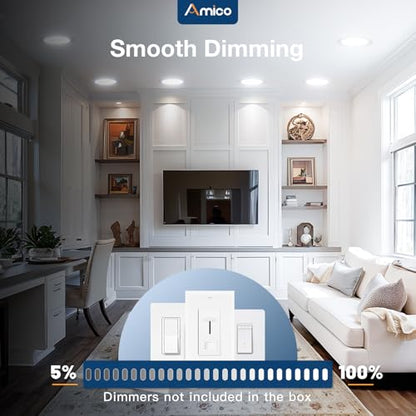 Amico 12 Pack 7 Inch LED Recessed Lighting, Canless Wafer Downlight, White | 5CCT 2700K-5000K, 5%-100% Dimmable, Ultra-thin, Metal housing, 1300LM 15W 120V, IC & Damp Rated, ETL & FCC, 50000h Life Span - color: White, size: 7 Inch