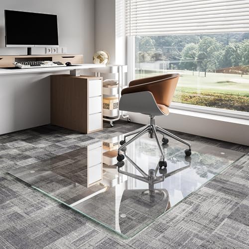 Koonmi Glass Chair Mat for Carpet, 44"x58" Thick Office Chair Mat | Tempered Glass Chair Mats with Round and Polished Edges, Smooth Rolling for Carpet Floor Protection, Scratch-Resistant - color: Transparent, size: 44"x58"