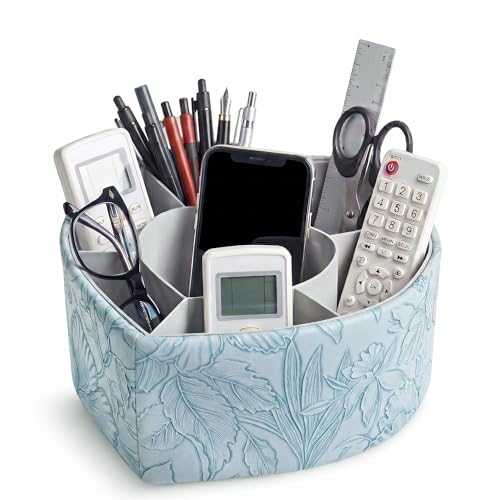 Heart Shaped Leather Art Supply Organizer,Remote Control Holder,360 Degree Spinning,Multi-Functional Pencil Holder,7 Compartments Desktop Stationary Organizer(1-Heart Blue) - color: 1-6Heart Blue, size: 360 Degree Rotation