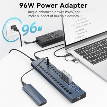 ACASIS 16 Ports Powered USB 3.2 Hub (8 USB-A 3.2 +8 USB-C 3.2), 10Gbps | Individual On/Off Switch for Each Port • Aluminum Housing • Better Heat Dissipation • Plug & Play • 96W Power Adapter - color: Gray