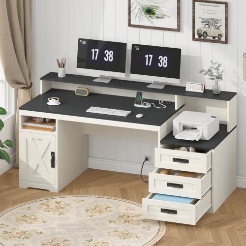 65" Farmhouse Computer Desk with Drawers and Printer Stand for Home Office - color: Black and White