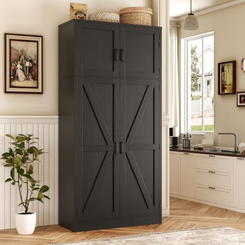 Unikito 71” Tall Kitchen Pantry Storage Cabinet with Adjustable Shelves | Large Farmhouse Storage Cupboard, Barn Doors, Sturdy and Deep, Versatile for Dinning Room, Living Room, Bathroom, Black - color: Black, size: 31.5 Inch