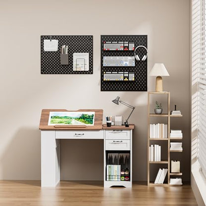 Drafting Table with Storage Cabinet & Drawers, Adjustable Drawing Desk with Open Shelves, Craft Table Painting Desk for Artists, Painters, Drawing, Crafting, Reading, Writing, Working - color: White
