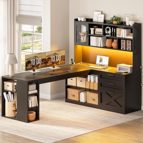 SEDETA 61" Farmhouse L Shaped Gaming Desk with Drawers, Bookshelf Storage - color: Black, size: 61 inches
