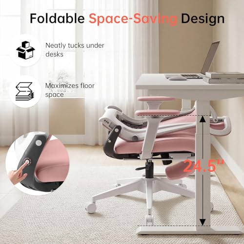 Ergonomic Foldable Office Chair with Footrest and Lumbar Support, Pink | Compact desk chair with space-saving folding design, 2D headrest, 2D armrests, computer cahirs for home office - color: Pink