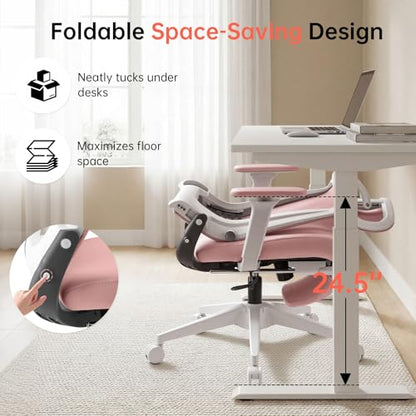 Ergonomic Foldable Office Chair with Footrest and Lumbar Support, Pink | Compact desk chair with space-saving folding design, 2D headrest, 2D armrests, computer cahirs for home office - color: Pink