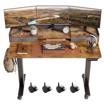 Claiks Standing Desk with Drawers & Wheels, 2 Height Shelf 48" Rustic Brown - color: Rustic Brown, size: 47.2×23.6
