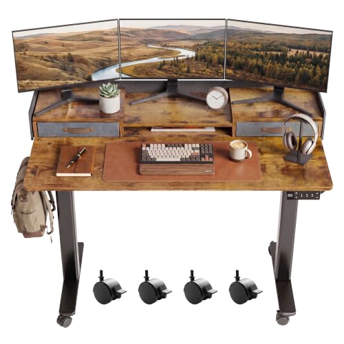 Claiks Standing Desk with Drawers & Wheels, 2 Height Shelf 48" Rustic Brown - color: Rustic Brown, size: 47.2×23.6