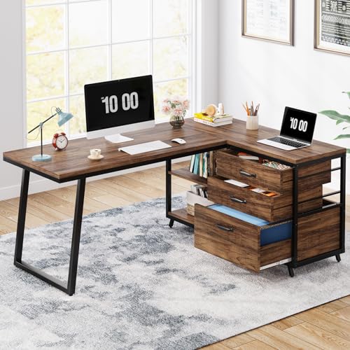 Tribesigns L-Shaped Computer Desk with 3 Drawers, Reversible Corner Home Office Desk with Shelves, 53-Inch Industrial PC Desk Study Writing Table Workstation for Small Space, Rustic Brown - color: Rustic Brown