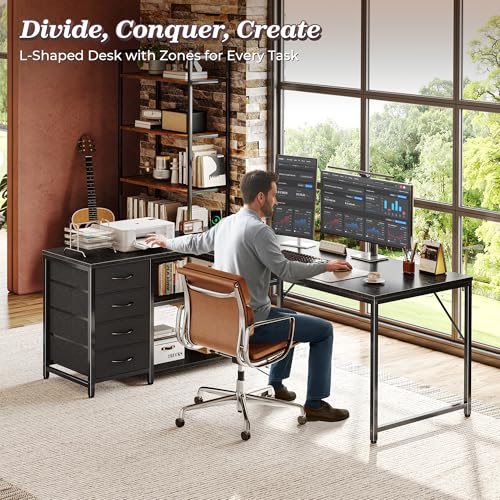 PRAISUN 61" L Shaped Desk with Power Outlets & 4 Drawers | Reversible Computer Desk with 2 Storage Shelves, Large Corner Office Desk for Gaming Writing Work Study, Black - color: Black, size: 61 Inch