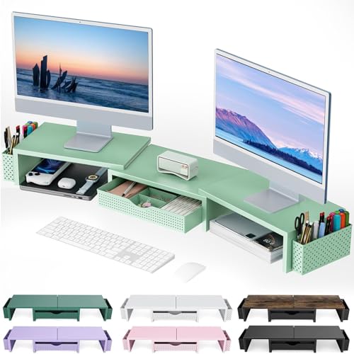 gianotter Dual Monitor Stand Riser With Drawer and 2 Pen Holders | Desk Organizer and Accessories Computer Monitor Stand, Desk Shelf for Top of Desk (Sage Green) - color: Sage Green