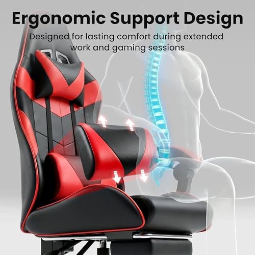 Gaming Chair, Ergonomic Computer Chair with Footrest and Lumbar Support, Height Adjustable Office Chair with 360° Swivel Seat and Headrest (Red & Black) - color: Red & Black
