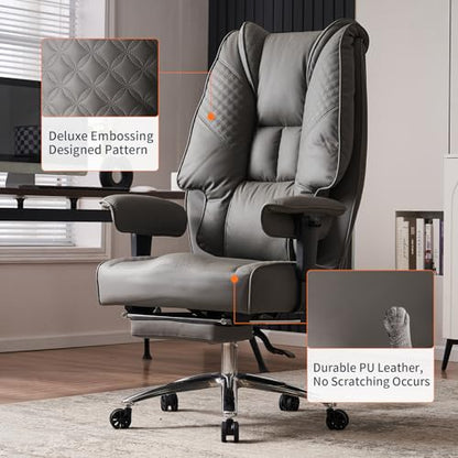 EXCEBET Big and Tall Office Chair 400lbs Wide Seat, Leather High Back Executive Office Chair with Foot Rest, Ergonomic Chairs Lumbar Support for Lower Back Pain Relief (Grey) - color: Grey