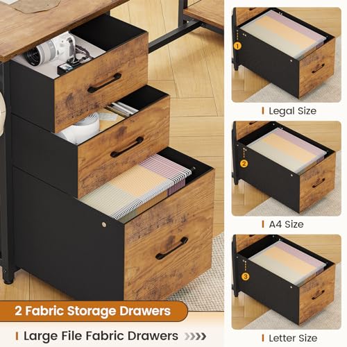 SEDETA 58'' L Shaped Computer Office Desk with 3 Drawers and Bookshelf - color: Rustic Brown